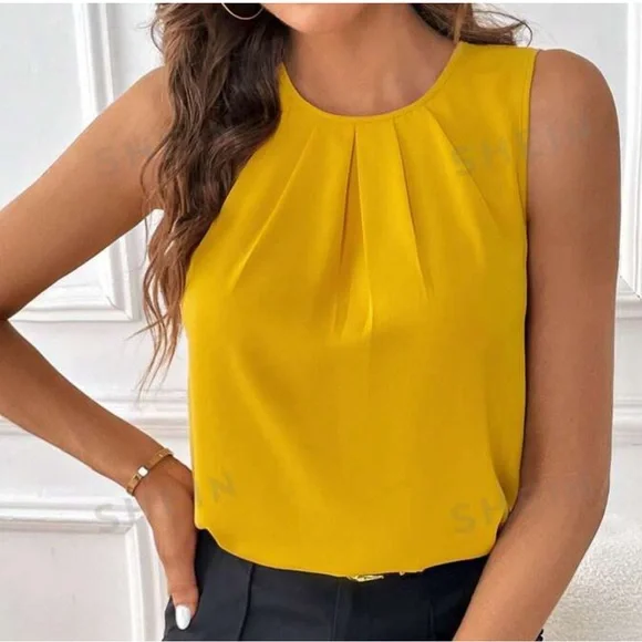 NWT Shein Clasi Solid Fold Pleated Detail Sleeveless Blouse - Picture 1 of 6